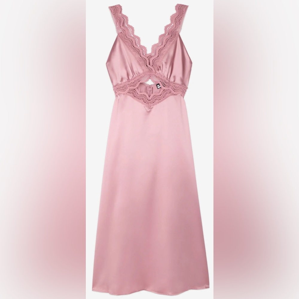 NWT The Kooples Long Rose Pink Silk Slip Dress w Guipure - Size M / 6